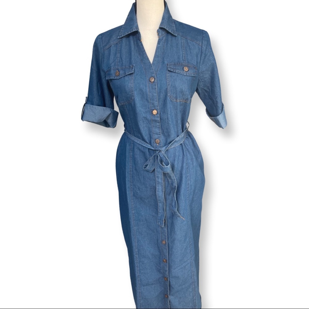 Button Down Tie Waist Denim Midi Dress